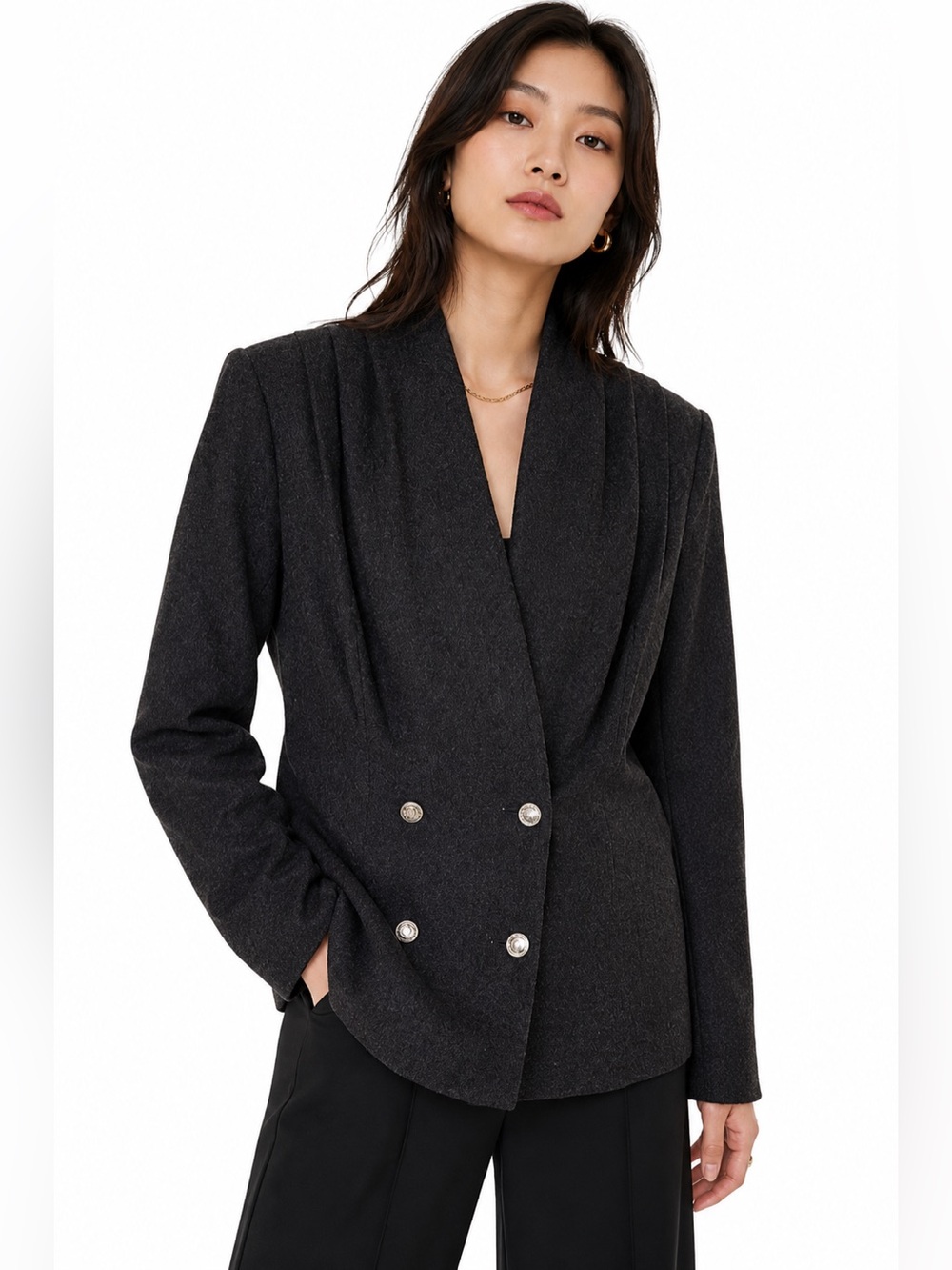 Vintage Wool Charcoal Blazer Double Breasted Equestrian Quiet Luxury Pleated